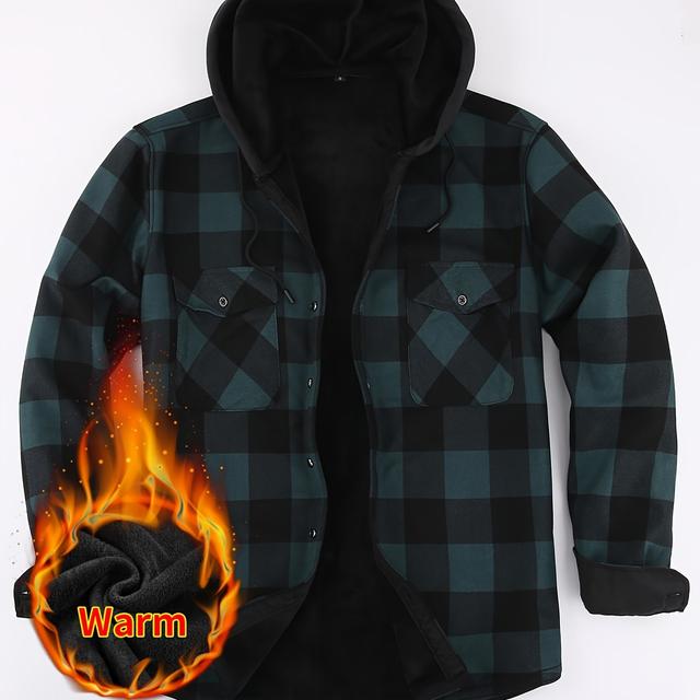 TEMU Hot Selling! Men's Checkered Flannel Shirt Jacket - Hooded Long Sleeve Button-up Overshirt With Double Chest Pockets, Fleece-lined Thickened Winter Coat, Relaxed Fit Outdoor Casual (eu Sizing)