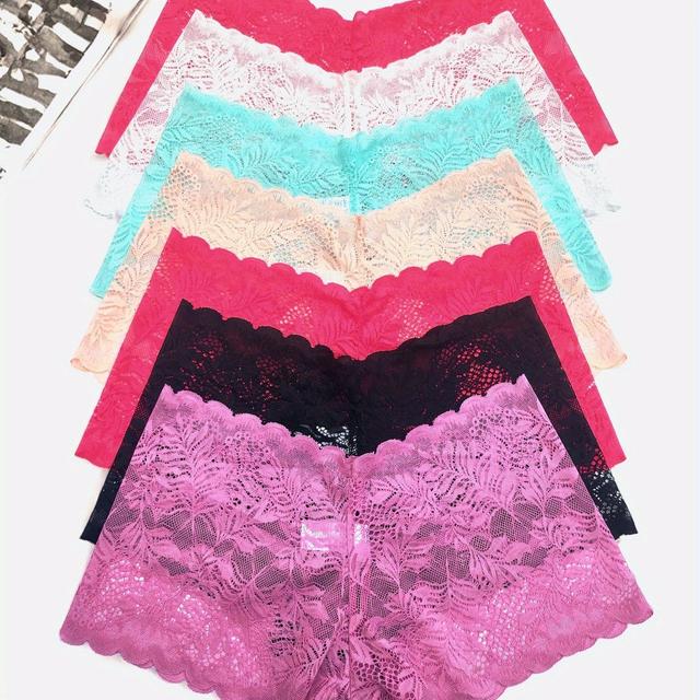 TEMU 7pcs Women's Lace Sexy Lace Pattern Briefs, Transparent Wave Lace Mid-rise, , , Dopamine Colors