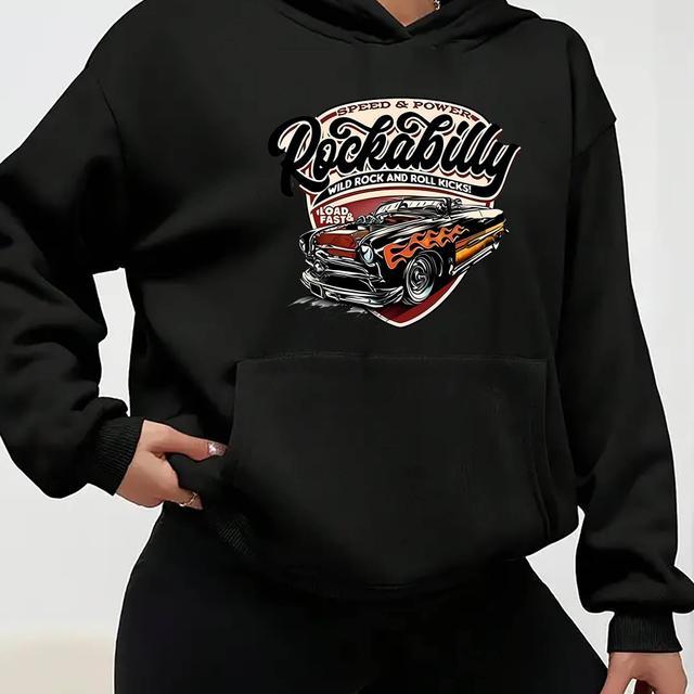 TEMU Creative English Fun Graffiti Print Hoodie With Kangaroo Pocket For Women