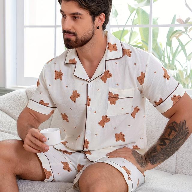 TEMU Conjunto de pijama de cardigan y pantalones cortos de manga corta con estampado completo de oso de dibujos animados para hombre