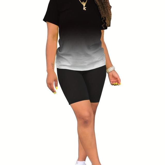 TEMU European And Casual Round Neck Top Short Sleeve Shorts Gradient Elastic Women's Suit