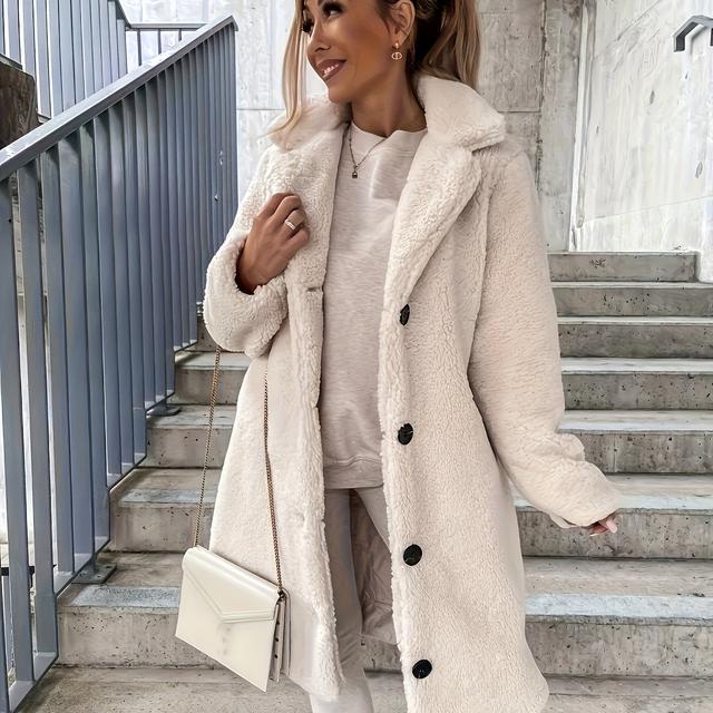 TEMU Women's Long Plush Cardigan With A Collar And Buttons, Long Outerwear Jacket