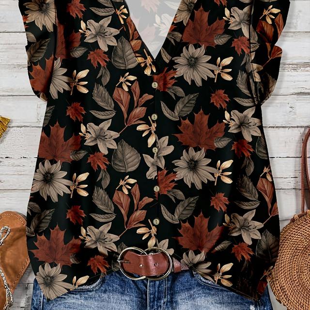 TEMU Plus Size - Plus Size - Plus Size Women's Summer Elegant Directional Printed Shirt V-neck Short Sleeve Top