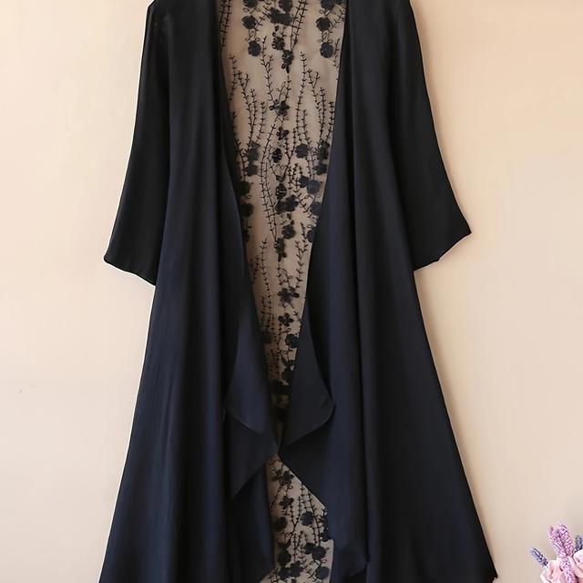 TEMU Plus Size Solid Color Lace Semi Sheer Elegant Up Kimono, Women's Swimwear & Clothing