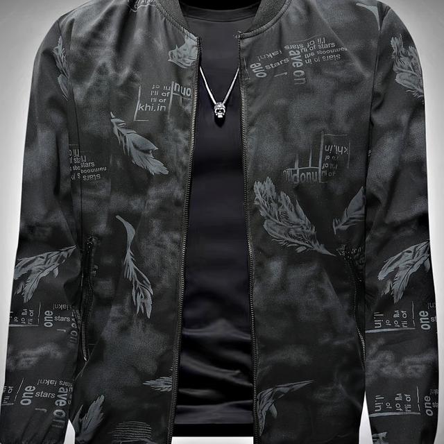 TEMU Feathers Pattern Allover Print Design Track Jacket, Men's Casual Baseball Collar Zip Up Jacket For Outdoor Wearing