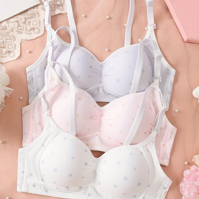 TEMU 3 db Lány Melltartó, Drótnélküli Kényelmes Alsónemű Nem Eltávolítható Párnákkal, Bőrbarát Lélegző Kialakítás, Állítható Pántok, Teljes Csillagmintás Mintázat 11-16 Éves Korosztálynak