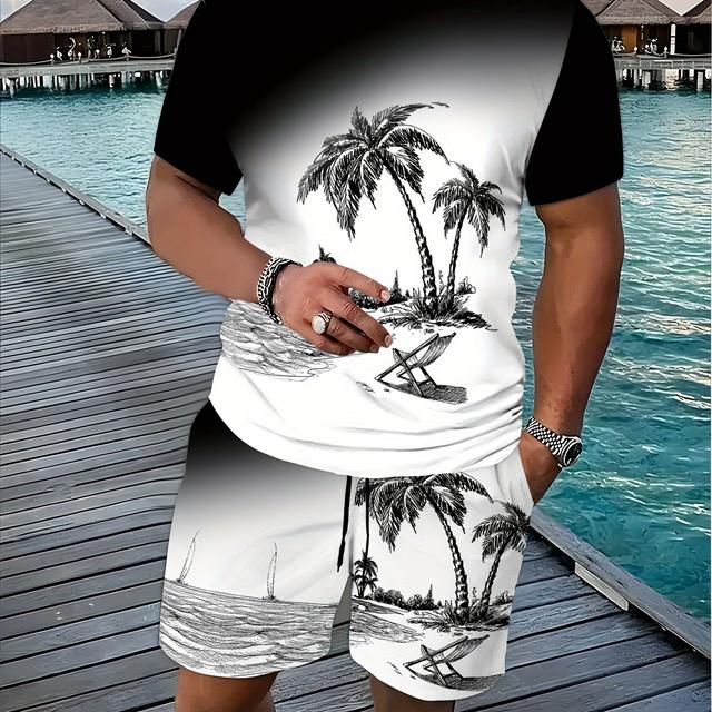 TEMU Black & White Botanical Print T-shirt And Shorts Set - 3d , Casual Round Neck Top With Kangaroo Pocket, Daily Wear, Outdoor Activities, Fitness & Running - Spring/summer Collection