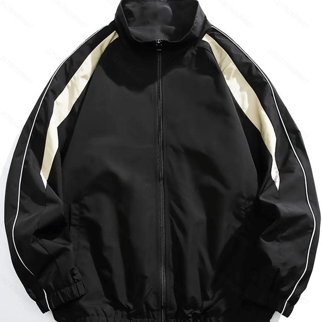 TEMU Men's Casual Lightweight Jacket - Spring/autumn Color Block Zipper, Polyester Fiber, Elastic Cuffs, Machine Washable, Gray And Beige