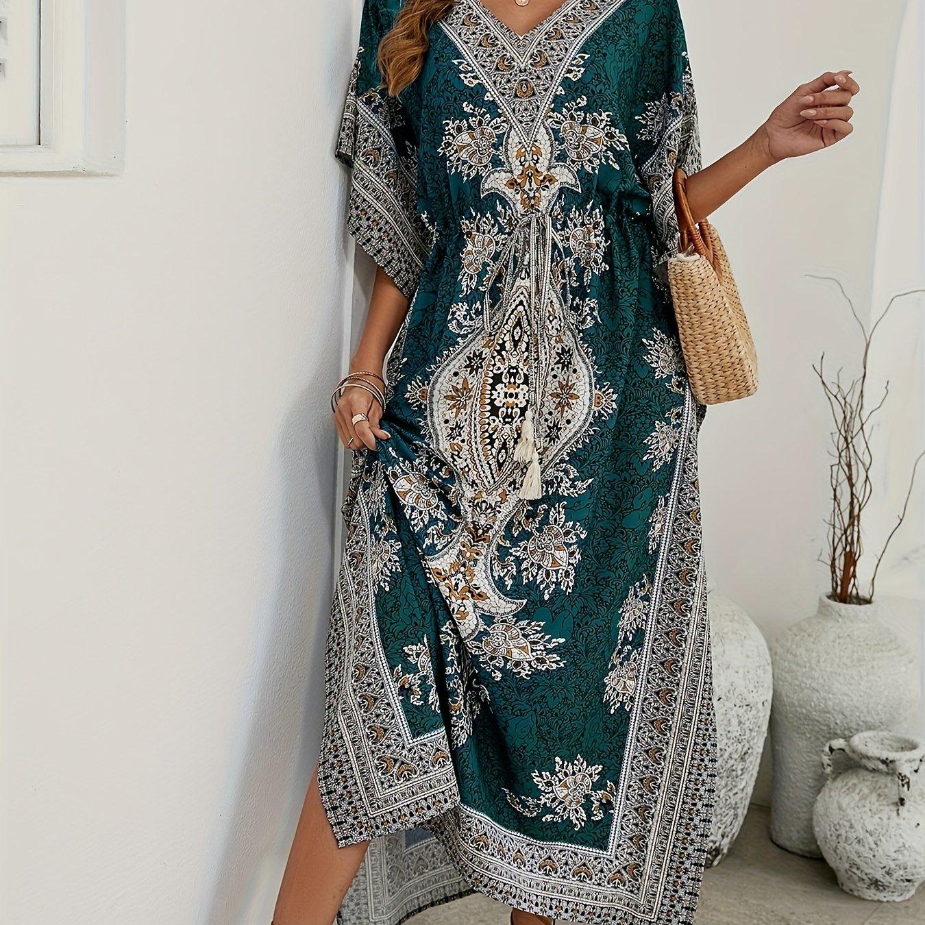 TEMU Plus Size - Plus Size - Women's Middle Eastern Robe, Summer Bohemian Floral Print V-neck Batwing Sleeve Waist Tie Beach Vacation Long Dress