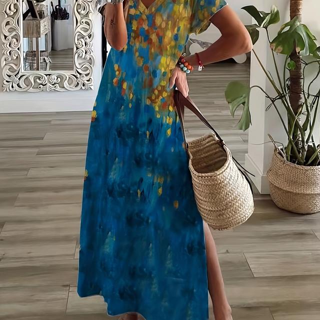 TEMU Plus Size Colorful Print V Neck Dress, Casual Short Sleeve Dress For , Women's Plus Size Clothing