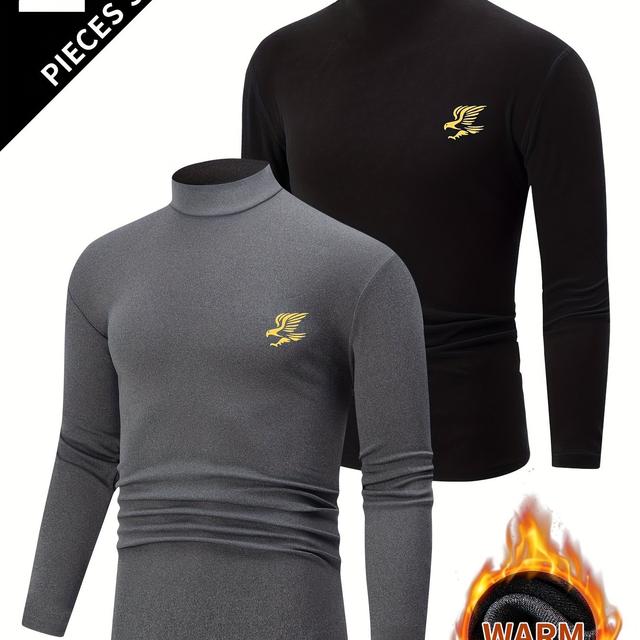 TEMU 2pcs Men'-sided High Neck Long Sleeve T-shirt, Thickened Warm Casual Flannel Lined Pullover For Autumn And Winter