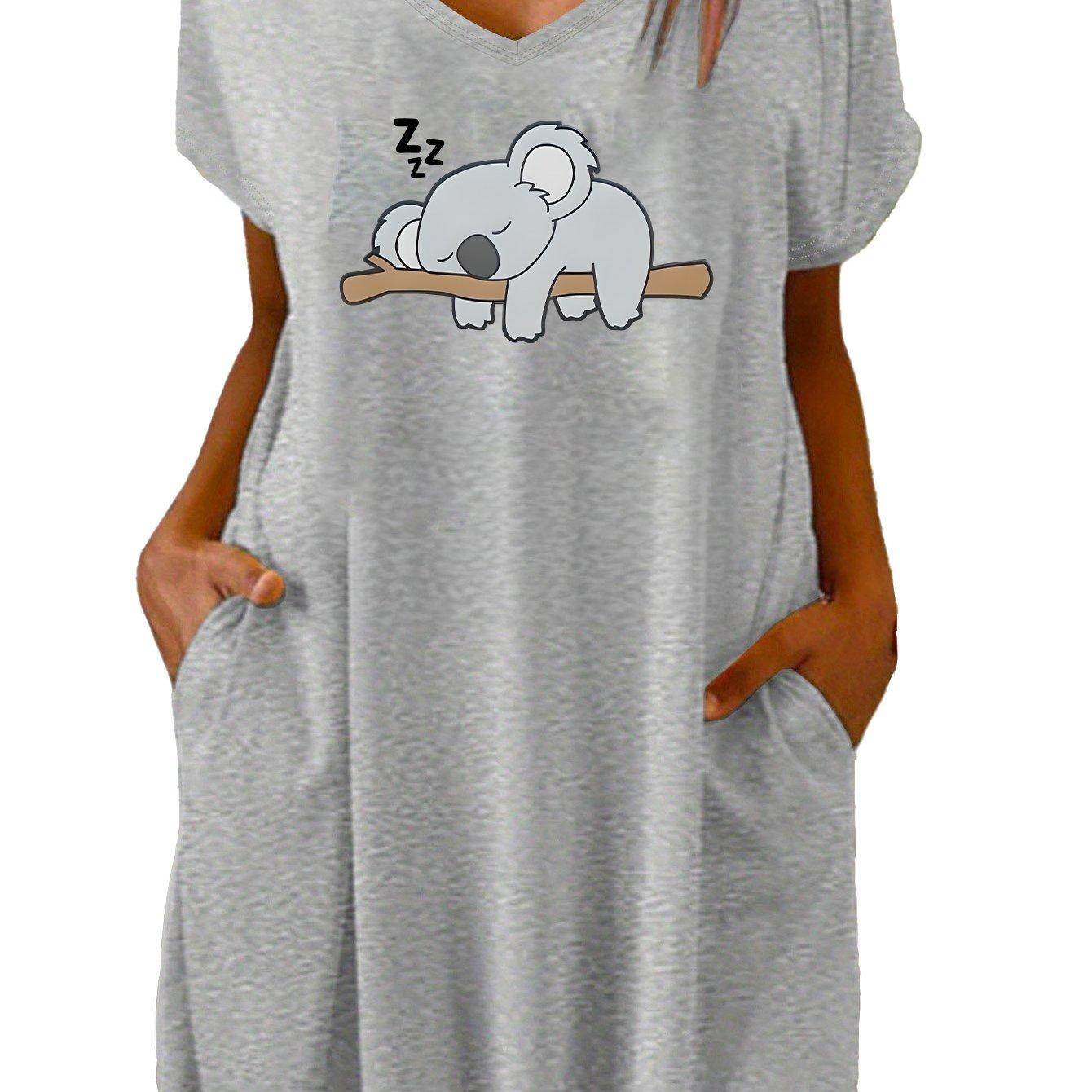 TEMU Un vestido camiseta casual con bolsillo y estampado de un koala en un ramo
