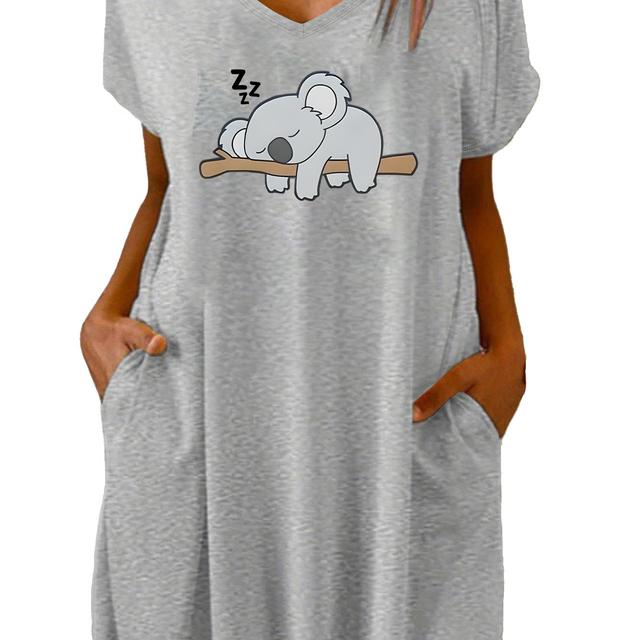 TEMU Un vestido camiseta casual con bolsillo y estampado de un koala en un ramo