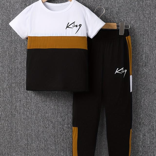 TEMU Boy's 2-piece Casual Co Ord Set, King Letter Block Tee And Jogger Pants, Comfy Summer Clothes For Daily & Outdoor Wear