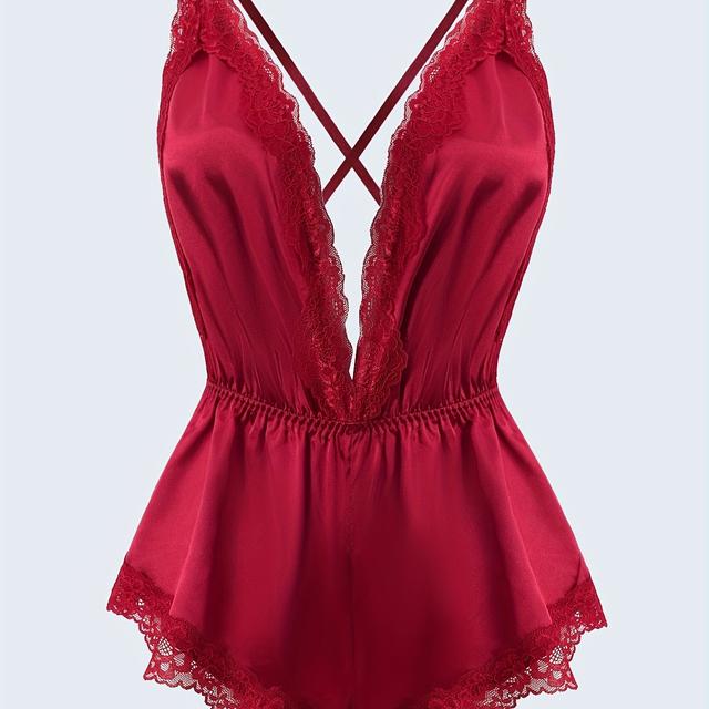 TEMU Solid Color Satin & Lace Contrast Sleepwear, Deep V-neck Cross-tie Halter Bodysuit, Women's Loose & Comfortable Pajamas