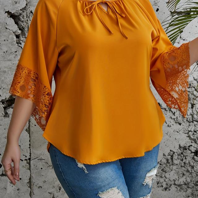 TEMU Women's Plus Size Elegant Round Neck Blouse With Front Bow Detail - Lightweight Stretchy Polyester Shirt For Spring Summer Fall, Solid Color Casual & Formal Tops