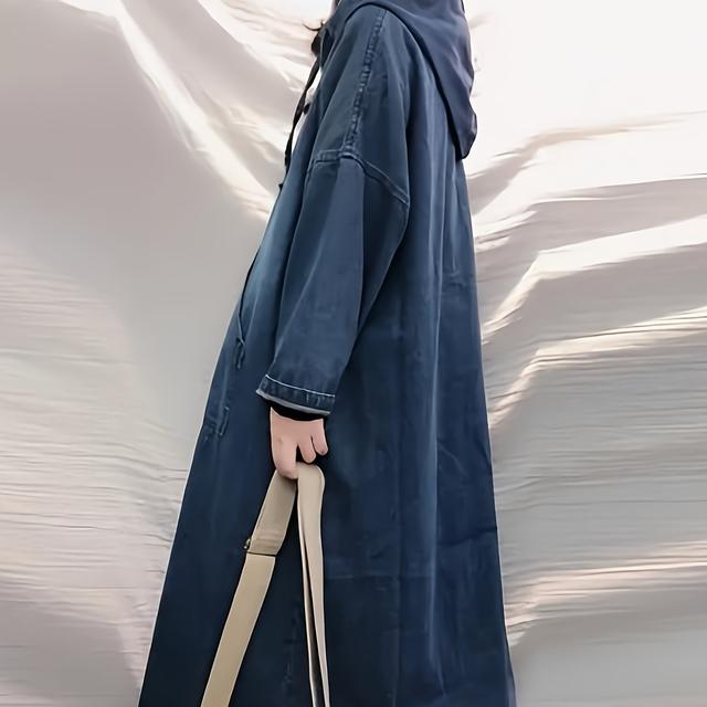 TEMU ファッション レディース デニムドレス フード付き レトロスタイル ルーズ クォーター袖 ラウンドタイ ポケット カジュアル デニムドレス ブルーポリエステルブレンド 長さ アシンメデザイン 春秋 ルーズスタイル 大人女性用 カバーボイシャペット