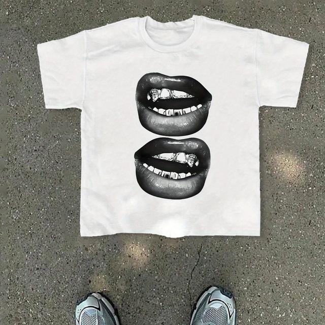 TEMU Camiseta de Punto Estampada con Diseño de Labios para Hombre, Casual y , Ideal para Vacaciones