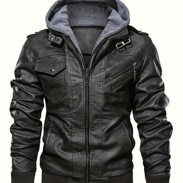 TEMU A Stylish Men's Hooded Pu Jacket With Multiple Pockets, Casual Wear And Fashionable Riding.