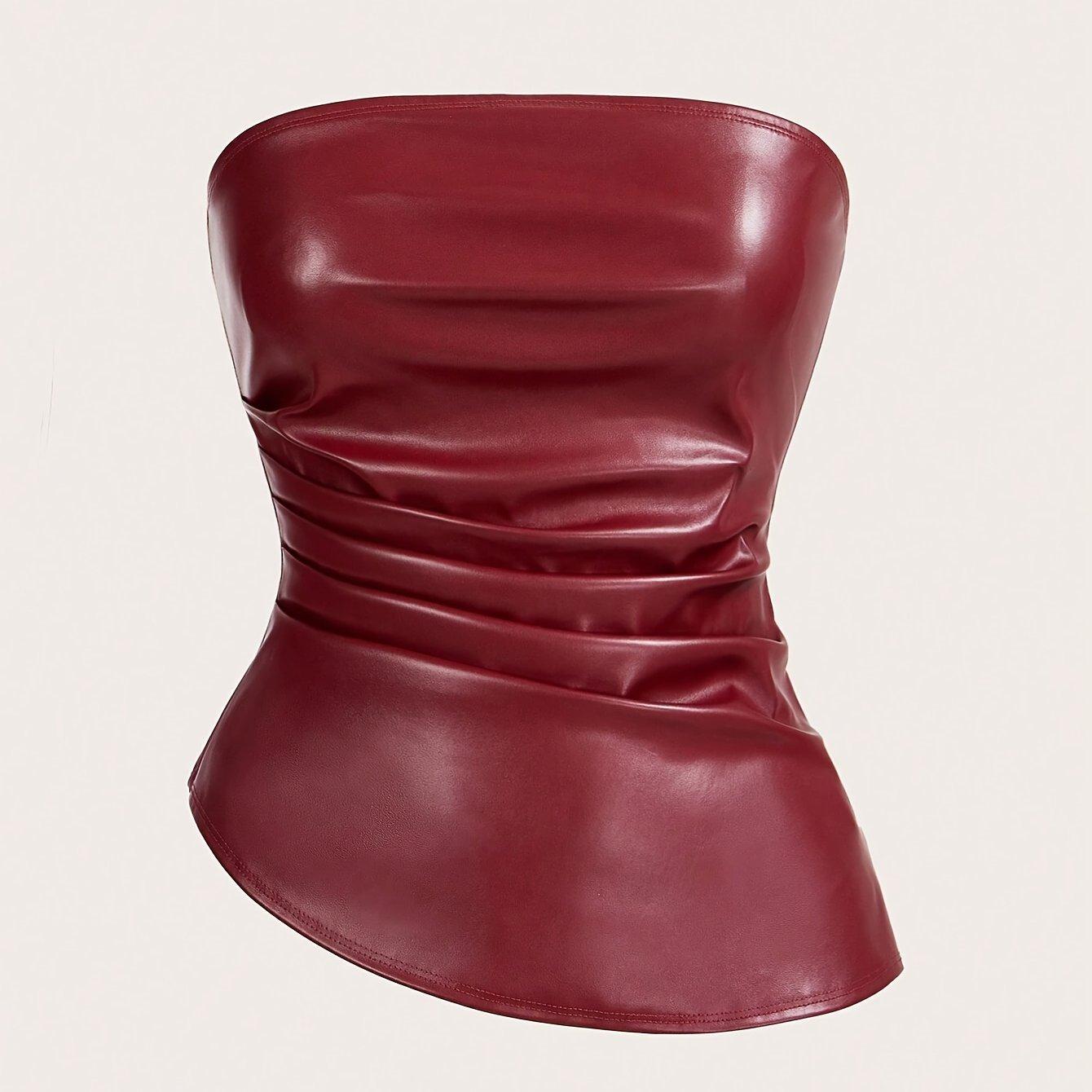 TEMU Women' Color Leather Top With Stylish Pleated Asymmetrical Hem And Strapless Design, Suitable For Going Out And Party Christmas Tops