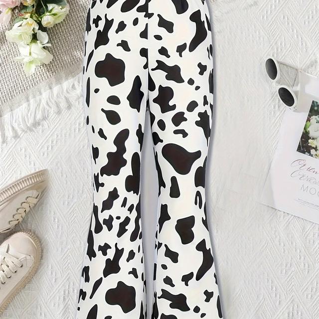 TEMU Pantalones acampanados con estampado de vaca para niñas - Ajuste elástico , tejido de fácil cuidado, para , verano y otoño, para exteriores