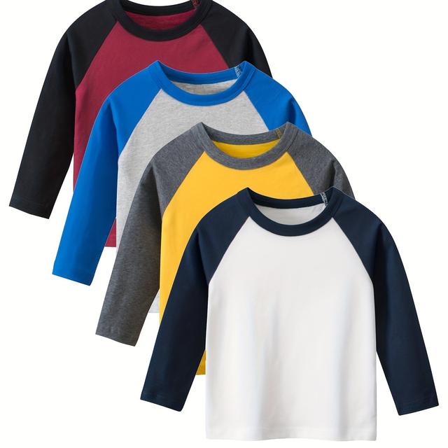 TEMU 4er-Set Neue Herbst Kinder Langarm Rundhals Patchwork T-Shirts in Uni-Farben