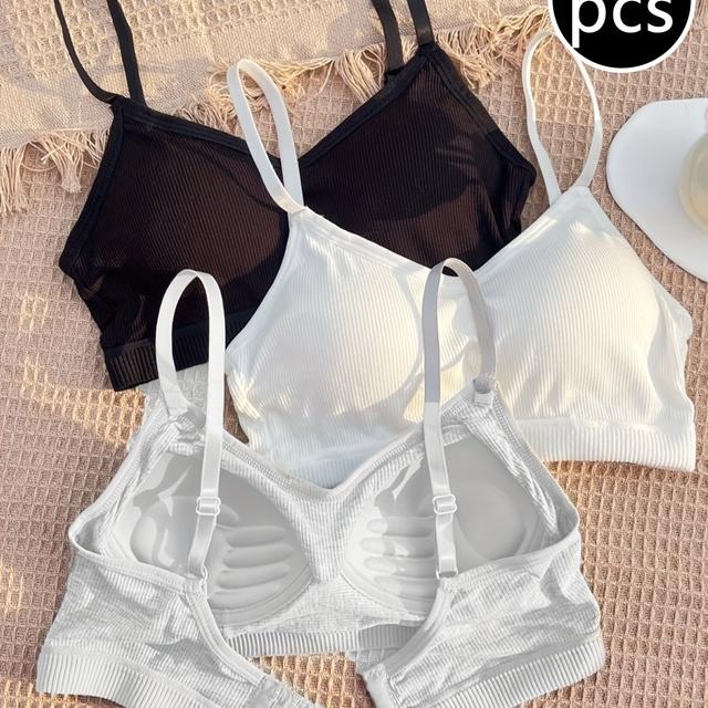 TEMU 3pcs Set Of Threaded Underwear Women's Bra Striped Solid Comfortable Easy Adjustable Straps Breathable Chest Pad Sports Yoga Bra