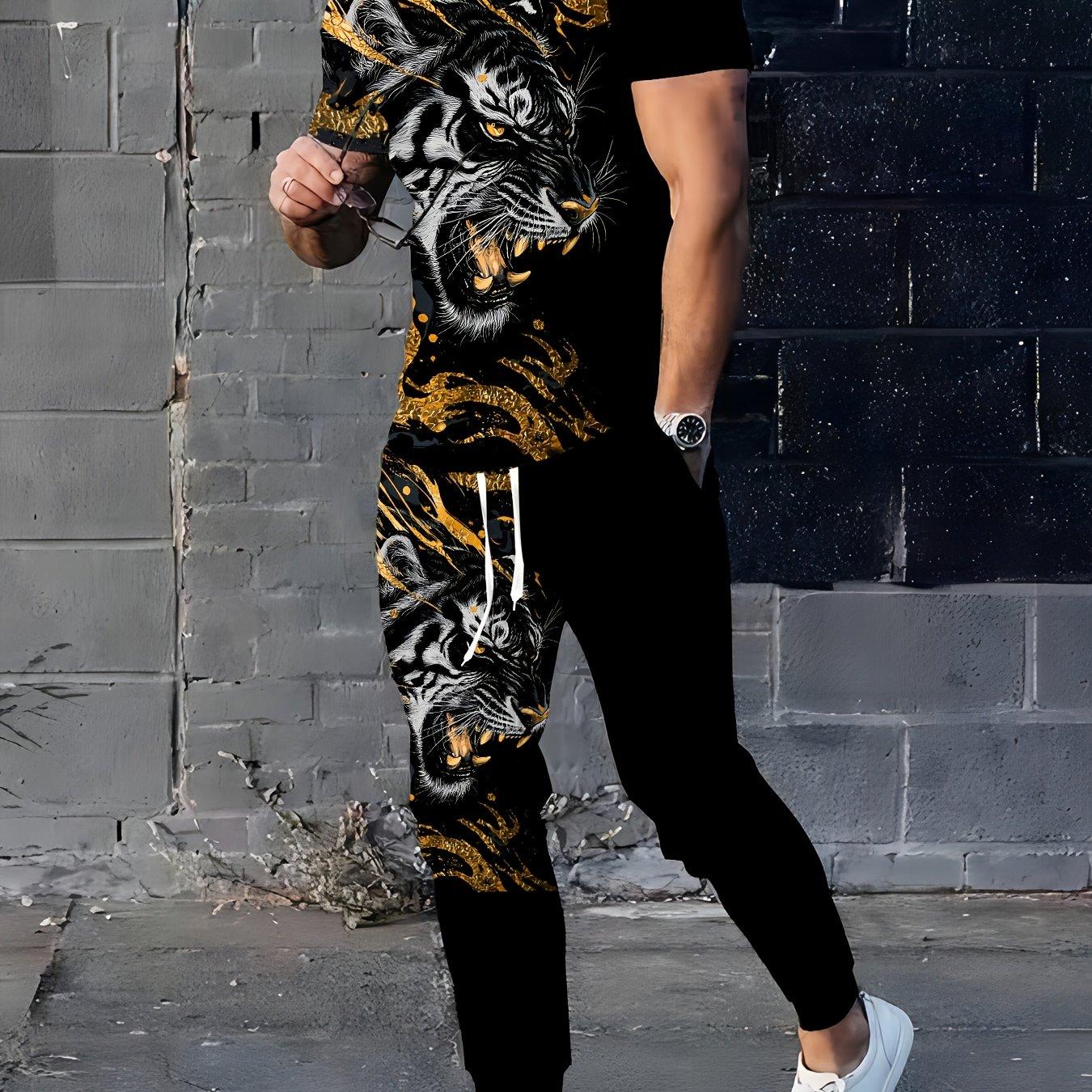 TEMU Ensemble pantalon à manches courtes et manches longues pour homme, imprimé numérique léopard, décontracté et tendance