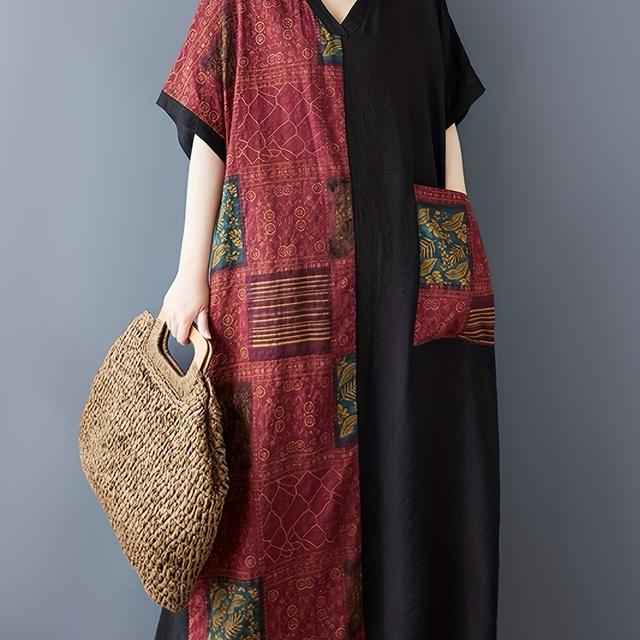 TEMU ノッチ Vネック パッチワークドレス