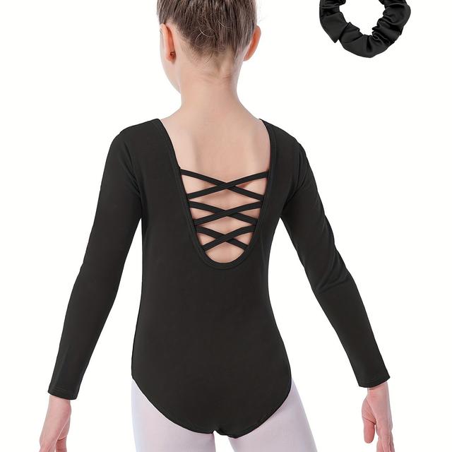 TEMU Girls' Long Sleeve Solid Color Triangle Style Back Straps Bodysuit Headband 2pcs Set Ballet Dance Outfit Practice Wear, For Outdoor