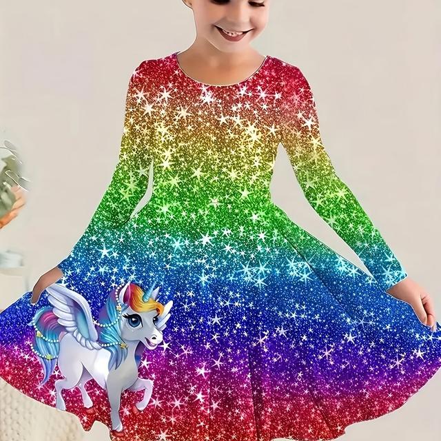 TEMU Ein bequemes Kleid für Mädchen im Frühling und Herbst mit einem 3D-gedruckten Einhornmuster und langen Ärmeln.