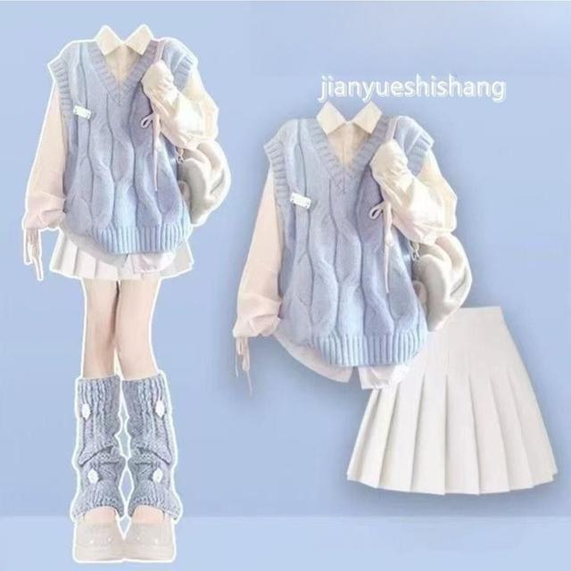 TEMU スタイル 初秋ドーパミンアウトフィット Vネックベスト、ドローブラウス、ホワイトプリーツスカート レディース用 スセット