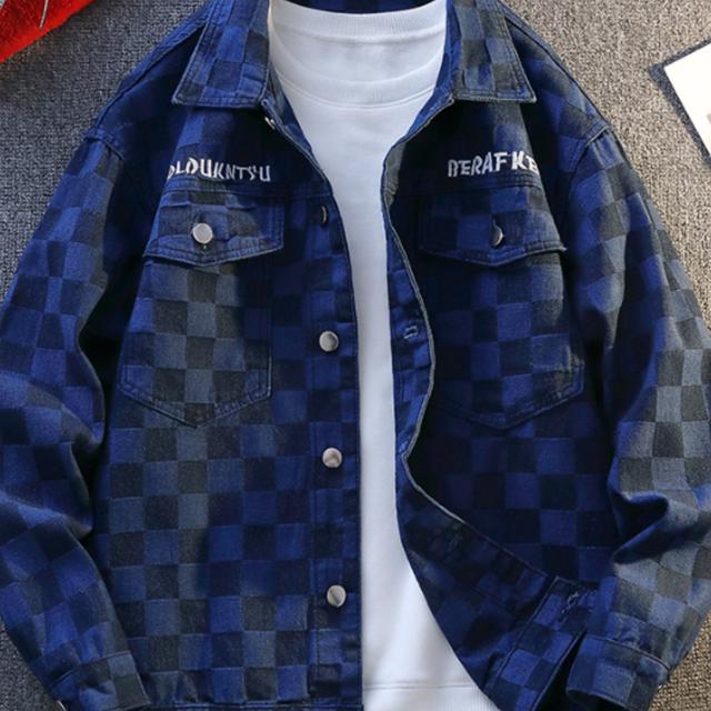 TEMU メンズ ルーズフィット ジャカード刺繍パッチ付きデニムジャケット - ダーク コン ウェアコート、シングルブレステッドボタン前開き、チェストポケット、春/秋用 洗濯機対応、クカラー、高品質縫製、おしゃれなアウター、ストリートスタイル