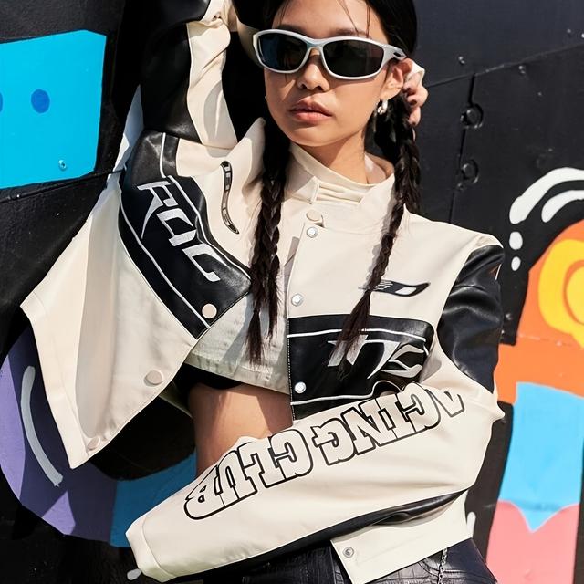 TEMU 트렌디한 PU 가죽 봄버 재킷 - "ROCK" 글자, 크림 & 블랙 디자인, 버튼업 프론트, 여성 및 남성용 사계절 착용 가능한 크롭 스타일