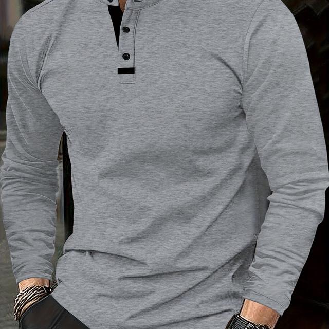 TEMU Polo à manches longues pour homme - Tissu confortable, style décontracté, col rond, détail bouton, idéal pour /