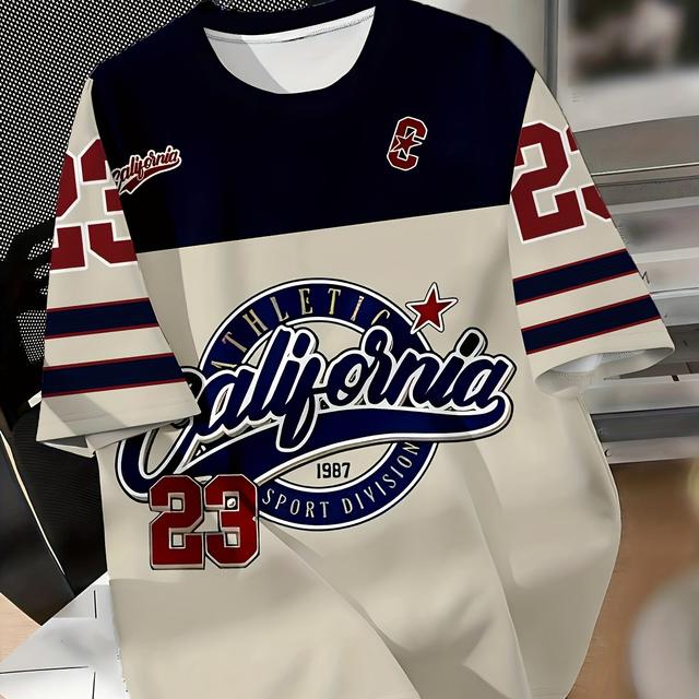 TEMU Men's Sports T-shirt - Retro Athletic Tee With Number 23, Accents - Breathable Crew Neck Shirt For Gym, Casual Outfits - Nostalgic 1987 Design - Plus Size Friendly, Gym Apparel, , Plus Size