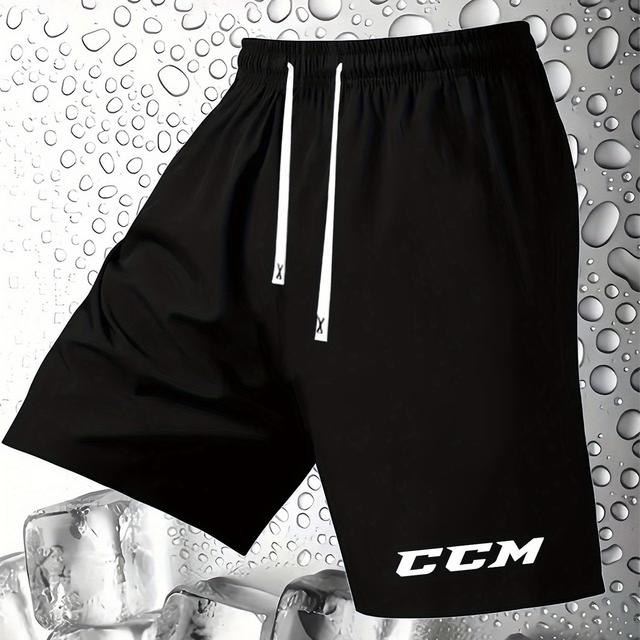 TEMU Men's Casual Summer Shorts With "ccm" Print - Black, Drawstring Waist, Pockets, Lightweight & Breathable Fabric For , Casual Summer Wear|minimalist Shorts|stretchable Fabric