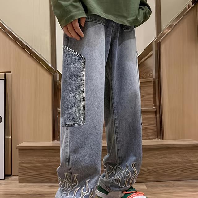 TEMU Men's Loose Fit Flame Embroidery Jeans, Style Denim Pants