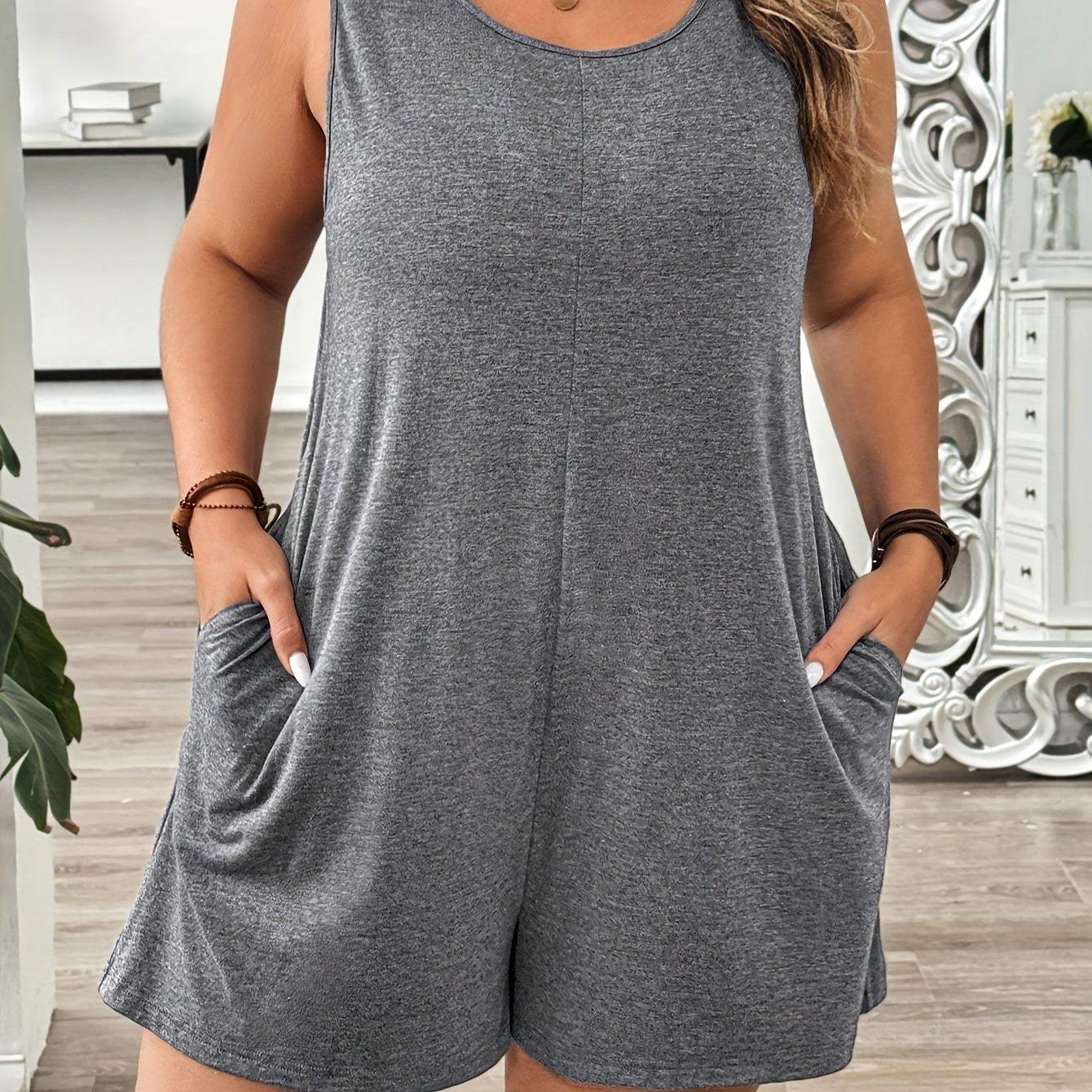 TEMU Plus Size - Plus Size - Women's Plus Size Solid Color Easy Everyday Gray Jumpsuit