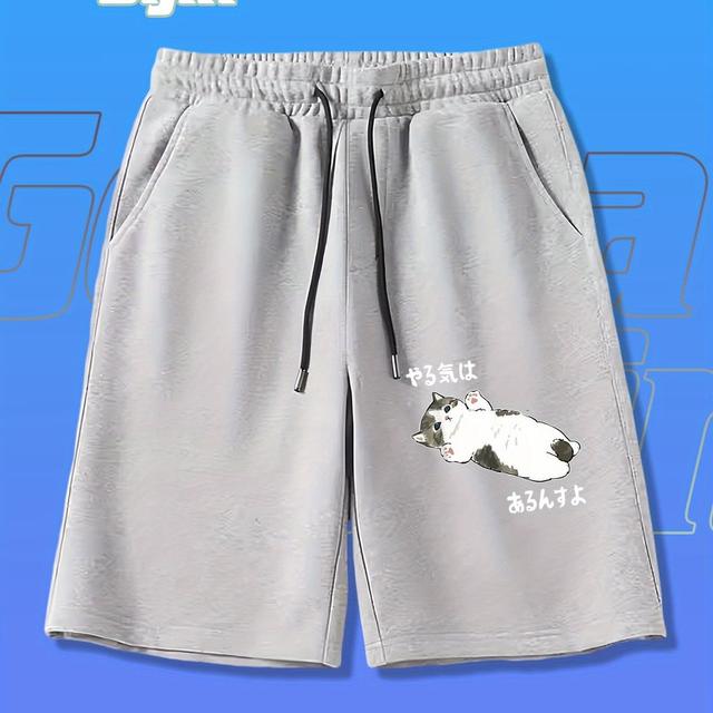 TEMU メンズファンキャットジョークプリント - カジュアルで通気性のある洗える食スタイル動物マニアプルオーバーハーフレングスパンツメンズスポーツショーツファッショナブルな長いパンツ3色