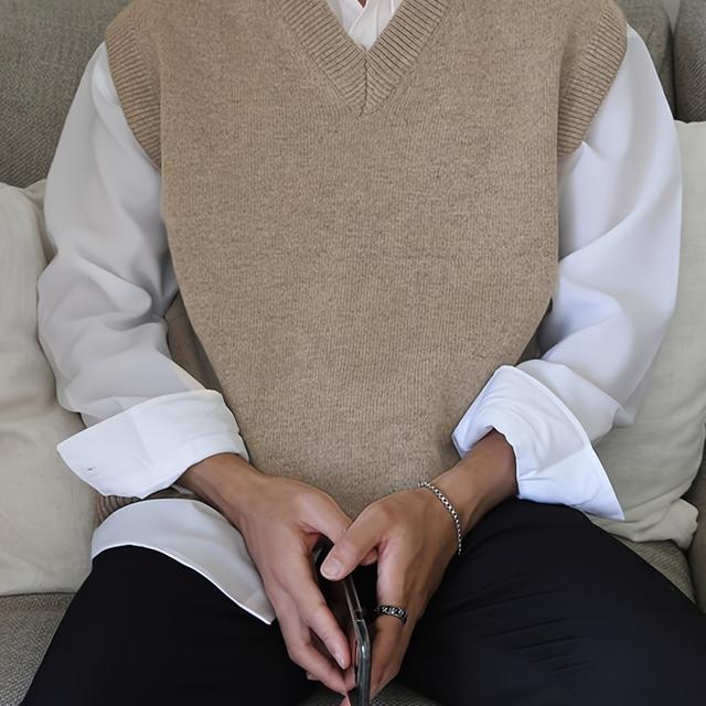 TEMU 봄/가을을 위한 50% 비스코스 28% 폴리에스테르 22% 폴리아미드로 구성된 1pc 플러스 사이즈 남성용 단색 컬러 V넥 스웨터 베스트, 캐주얼 슬리브리스 니트 재질, 스커트 핏, 중간 스트레치