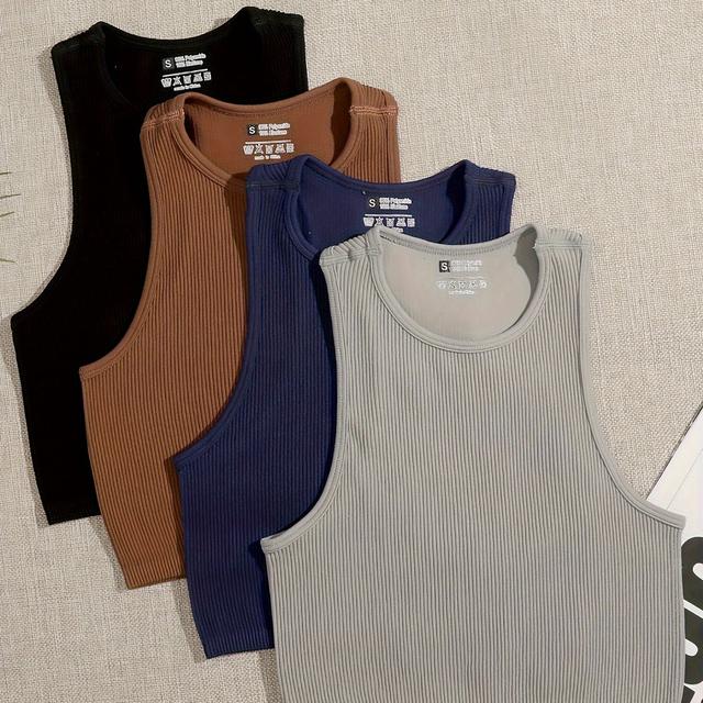 TEMU Conjunto de 4 Tops Básicos Sem Costuras com Padrão de Riscas, Ideal para Desporto, Roupa de Mulher, Cor Sólida