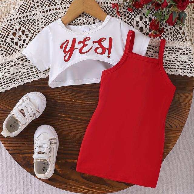 TEMU Girls' Casual 2pcs Set: Letter Print Cropped Top With Irregular Hem, Short Sleeve Pullover Jacket Top, And Solid Color Camisole Dress Set For Summer, Perfect For Outdoor