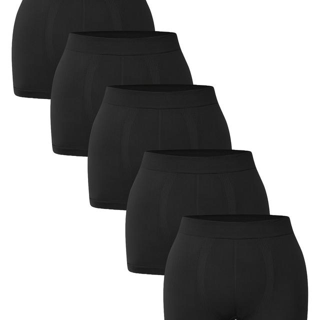 TEMU 5pcs Women's Plus Size Seamless Mid-rise Stretchy Shorts Underwear - Soft Comfortable Elastic Waistband, Solid Black For Casual Attire, Comfortable , , Smooth Texture