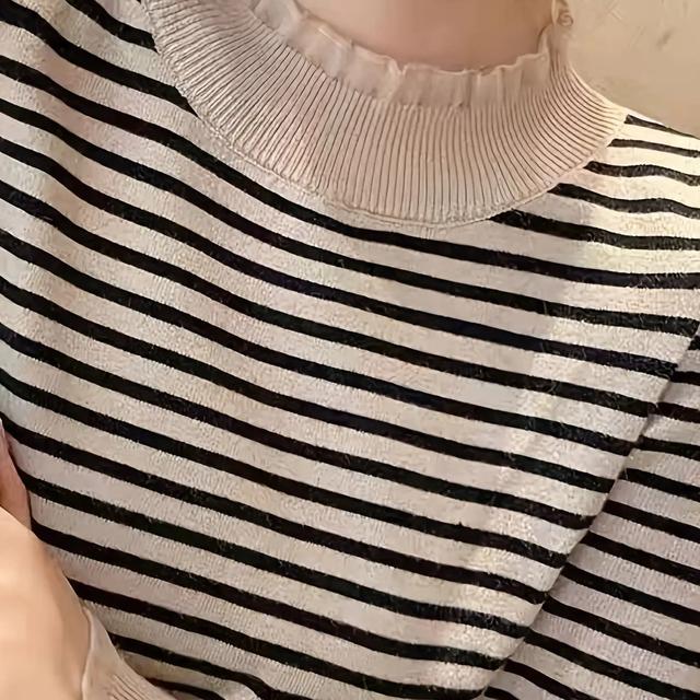 TEMU 【レディース】おしゃれなストライプ柄ミッドネックセーター - 高ストレッチ＆暖か、白黒の横縞模様、カジュアルからセミルなシーンに最適、洗濯機洗い可、秋と冬に最適