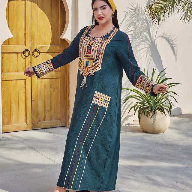 TEMU Robe verte longue à manches courtes et col rond brodé coloré | Ramadan traditionnel 2026, coupe , tissu non extensible, motif tribal, robe pour femmes pour le Ramadan et les fêtes