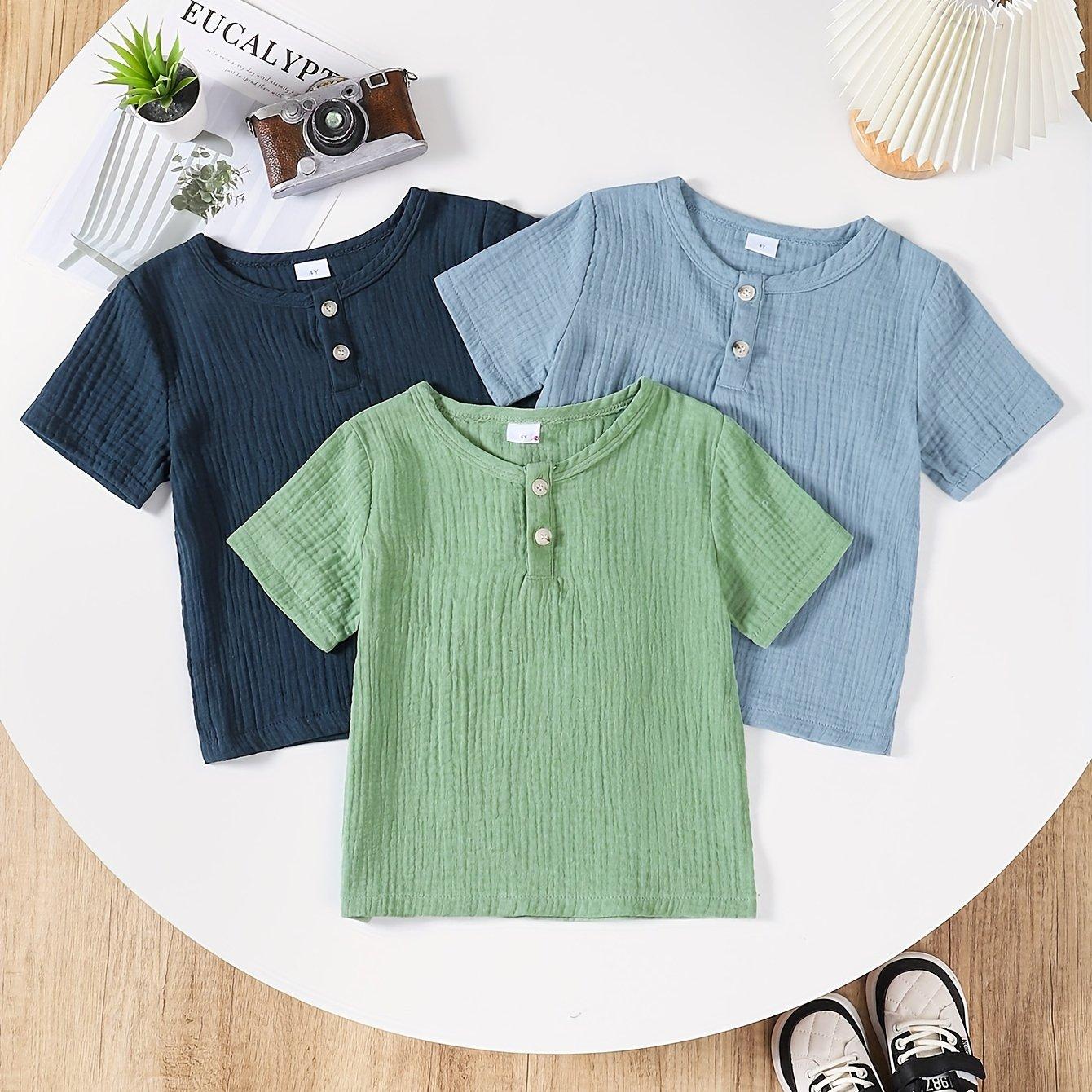 TEMU 3er-Pack Jungen Kurzarm-T-Shirts, Frühlings- und Sommer-Style, Reines Oberteil, Unifarben, Einfach mit dekorativen Knöpfen, Bubble
