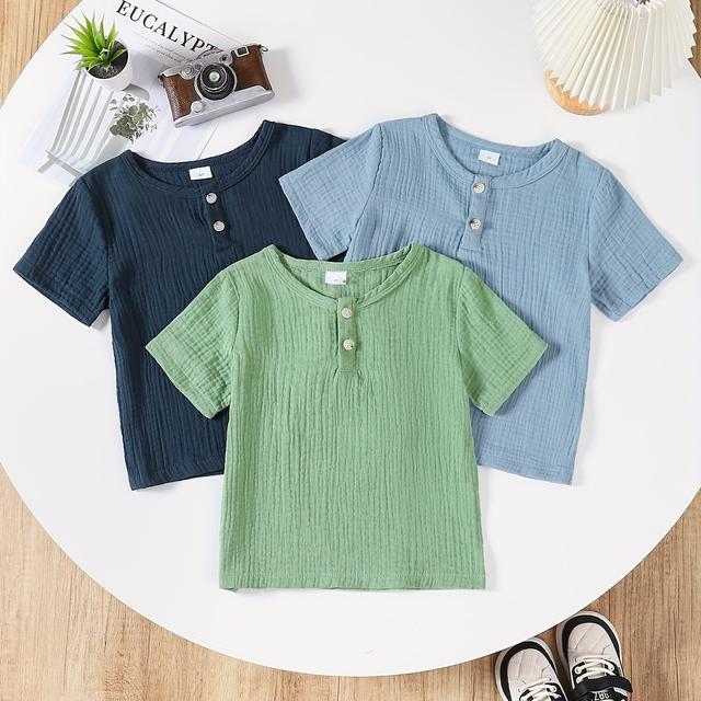 TEMU 3er-Pack Jungen Kurzarm-T-Shirts, Frühlings- und Sommer-Style, Reines Oberteil, Unifarben, Einfach mit dekorativen Knöpfen, Bubble