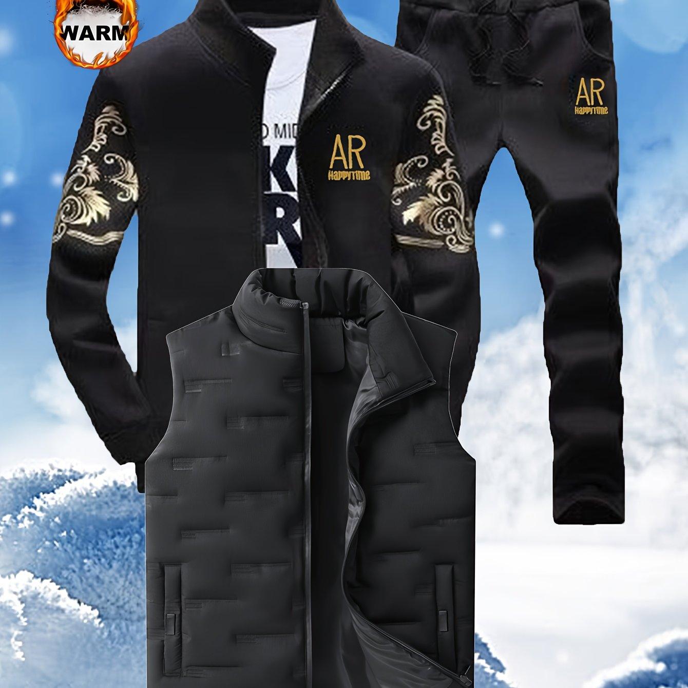 TEMU Dreiteiliges Westen-Set mit Casual-Reißverschluss-Cardigan für Herren