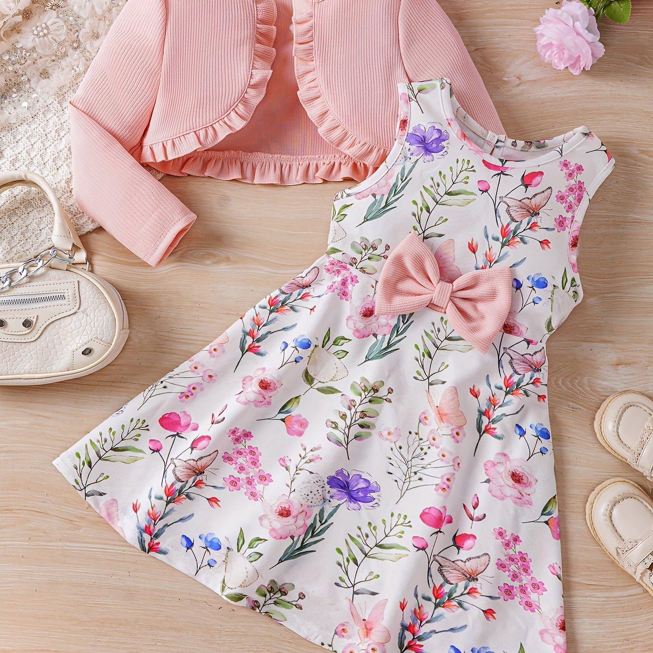 TEMU Mädchen Frühlings- und Herbstmode Set mit Blumenmusterkleid + Strickjacke Zweiteiler, für Draußen